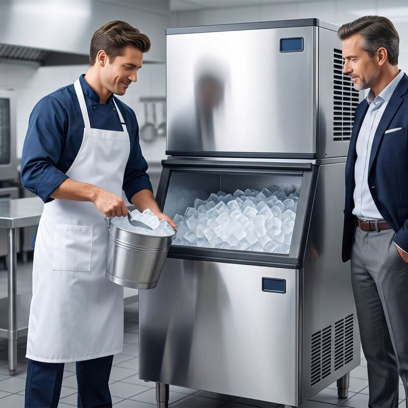 two men looking at ice machine