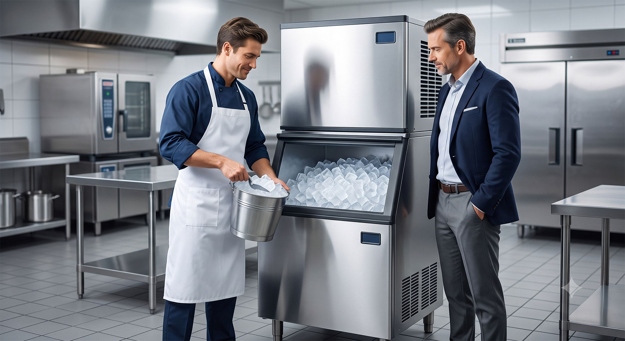 two men looking at ice machine